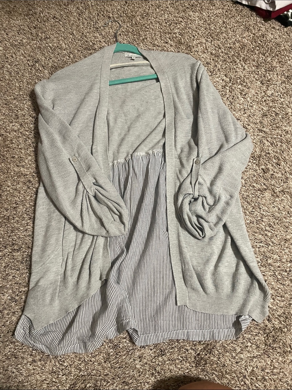 Skies Are Blue Light Gray Open-Front Cardigan with Striped Back Panel